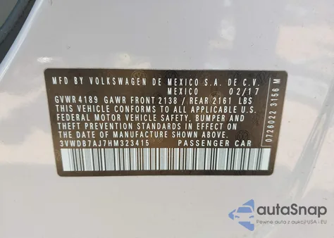 2017 Volkswagen Jetta 1.4T Se из США, поврежденный, VIN 3VWDB7AJ7HM323415